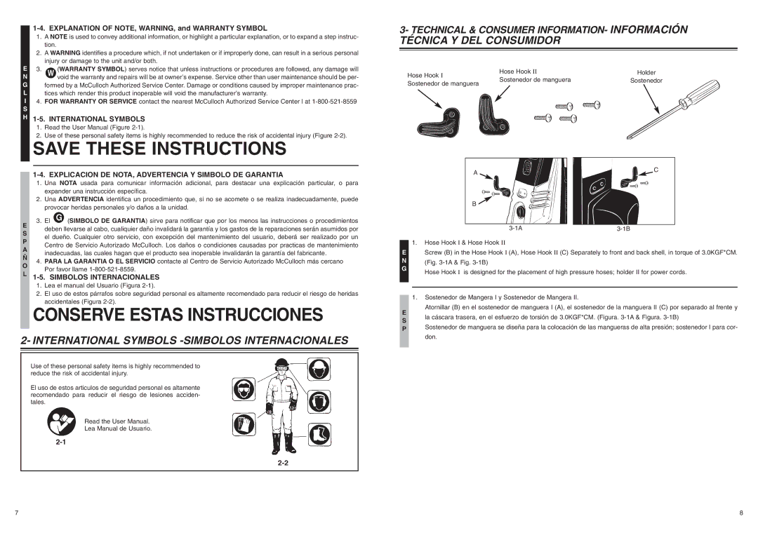 McCulloch 7096-H18A01 user manual Conserve Estas Instrucciones, Técnica Y DEL Consumidor 