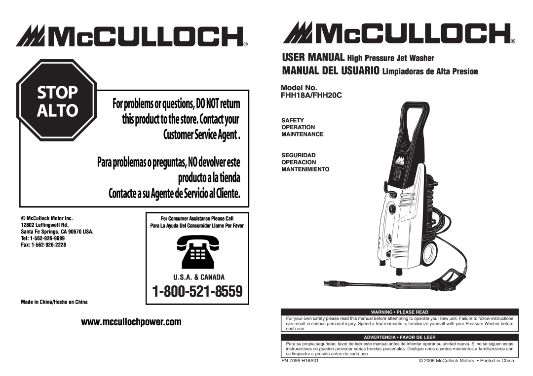 McCulloch 7096-H18A01 user manual MANUAL DEL USUARIO Limpiadoras de Alta Presion, Model No FHH18A/FHH20C, Mantenimiento 
