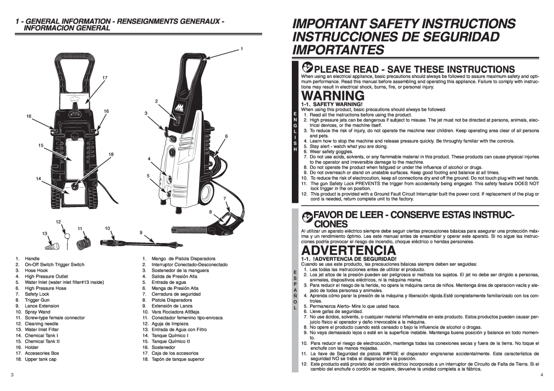 McCulloch 7096-H18A01 Advertencia, Instrucciones De Seguridad, Importantes, Important Safety Instructions, Safety Warning 