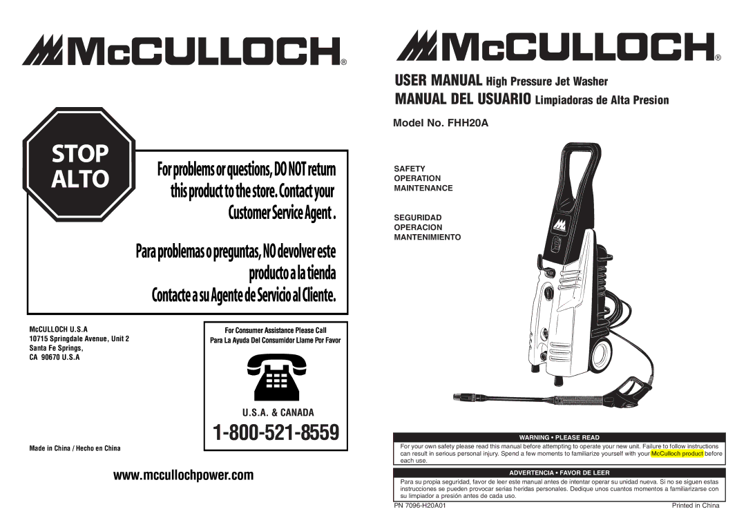 McCulloch user manual PN 7096-H20A01 