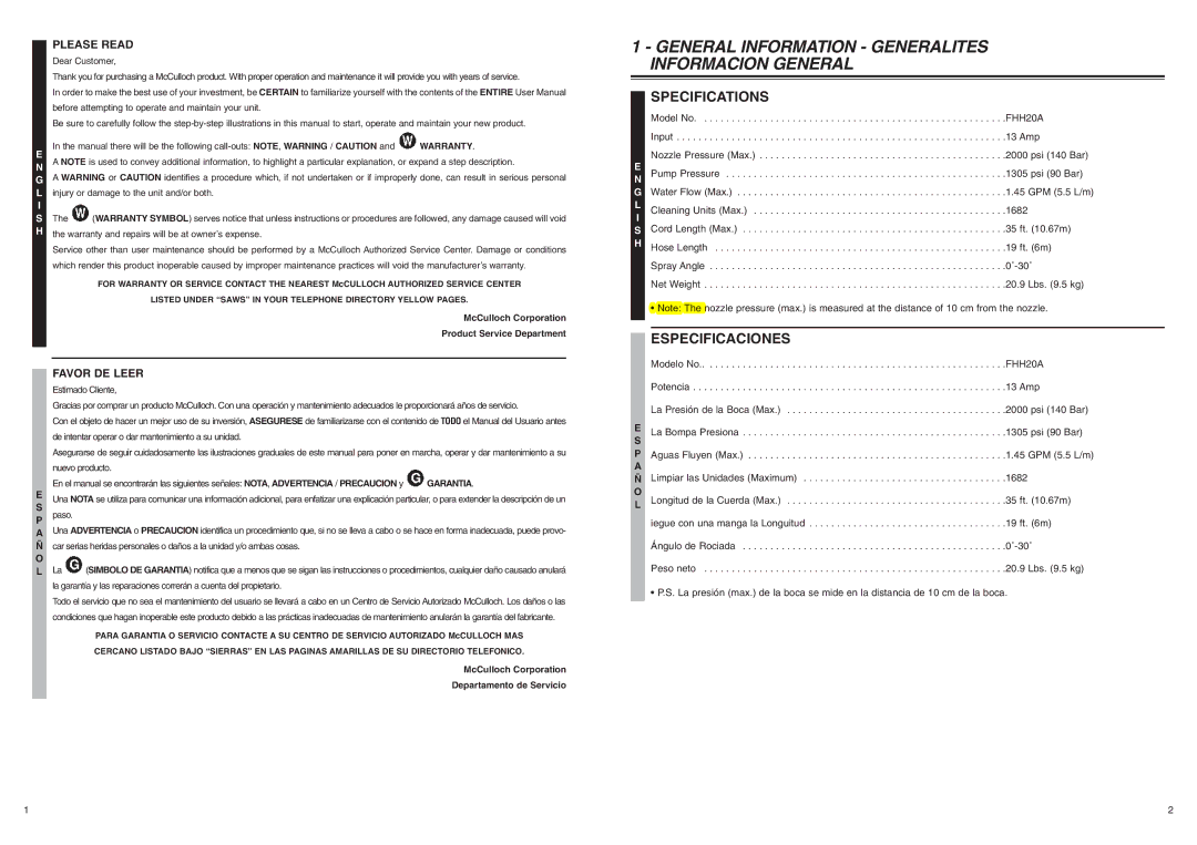 McCulloch 7096-H20A01 user manual General Information Generalites Informacion General, Specifications 