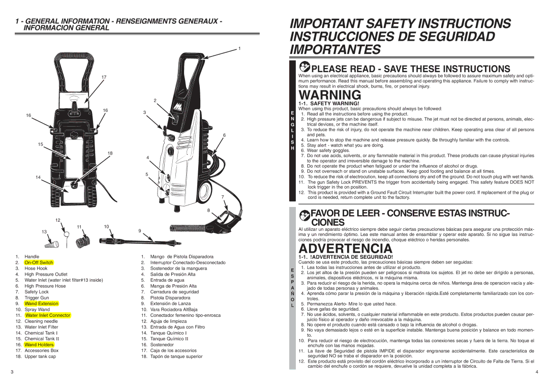 McCulloch 7096-H20A01 Advertencia, Informacion General, General Information Renseignments Generaux, Safety Warning 