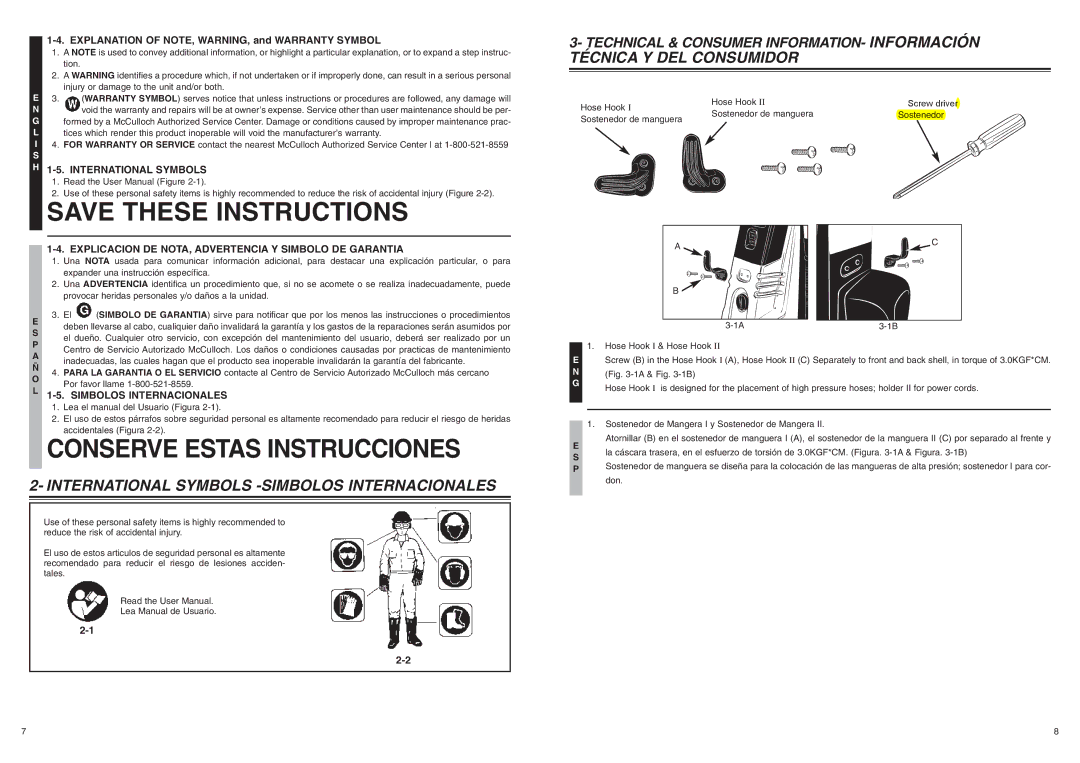 McCulloch 7096-H20A01 user manual Conserve Estas Instrucciones, Técnica Y DEL Consumidor 