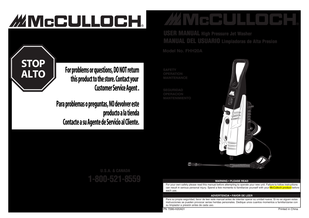McCulloch user manual Safety Operation Maintenance Seguridad Operacion, Mantenimiento, PN 7096-H20A01 