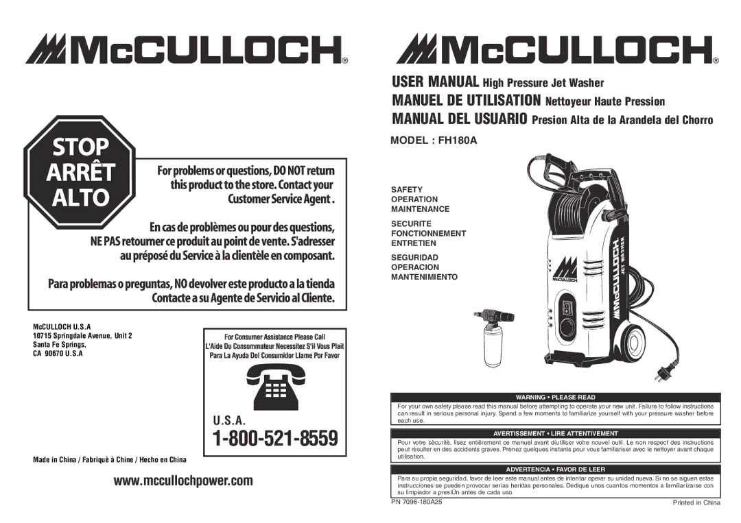 McCulloch 966000201, 7096180A25 user manual Model FH180A, Made in China / Fabriquè à Chine / Hecho en China 