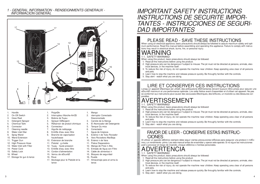 McCulloch 966000201, 7096180A25 user manual AN Avertissement, Advertencia, Safety Warning 