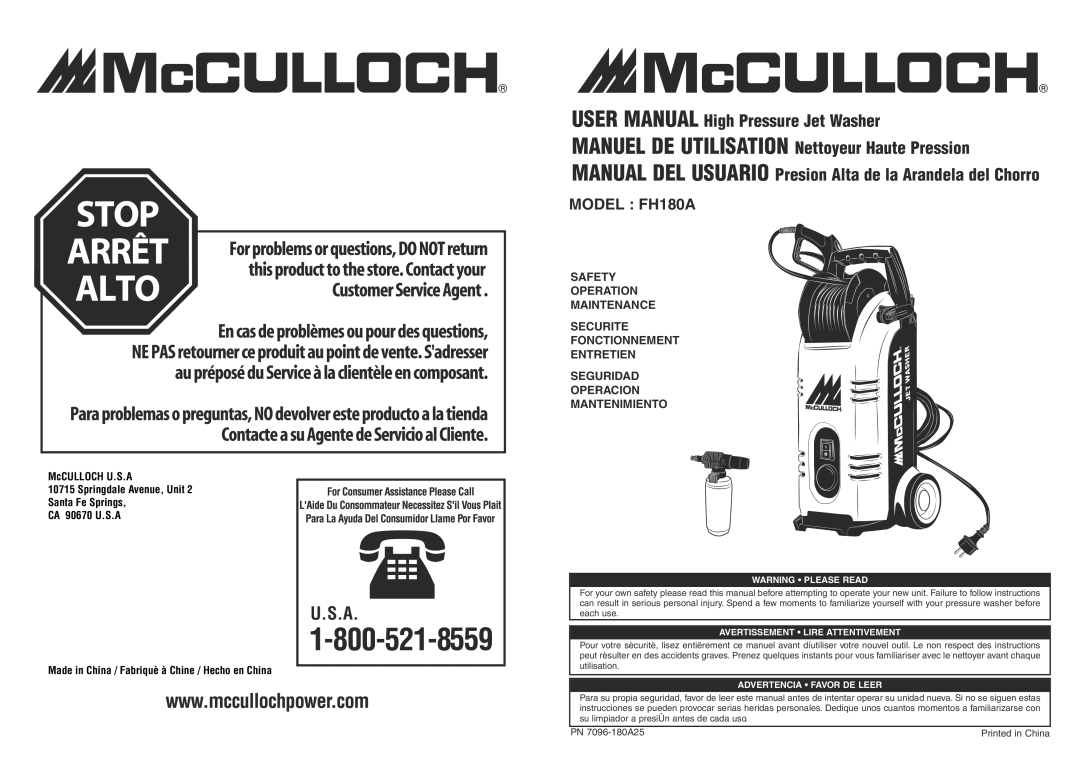 McCulloch 966000201, 7096180A25 user manual McCULLOCH U.S.A 10715 Springdale Avenue, Unit Santa Fe Springs, CA 90670 U.S.A 