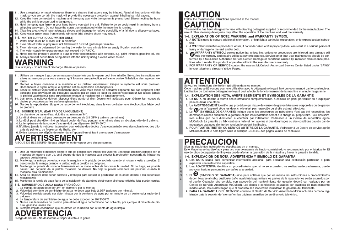 McCulloch 966000201, 7096180A25 user manual Precaucion, EXPLANATION OF NOTE, WARNING, and WARRANTY SYMBOL 