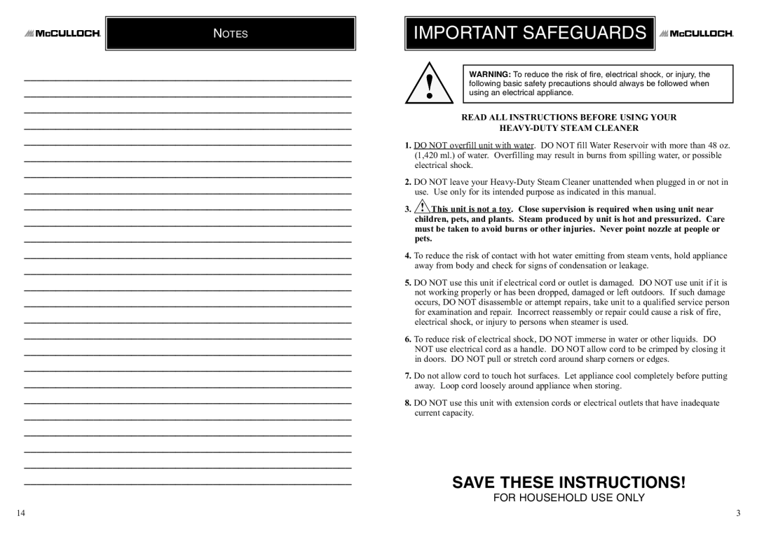 McCulloch 8823 manual Important Safeguards 