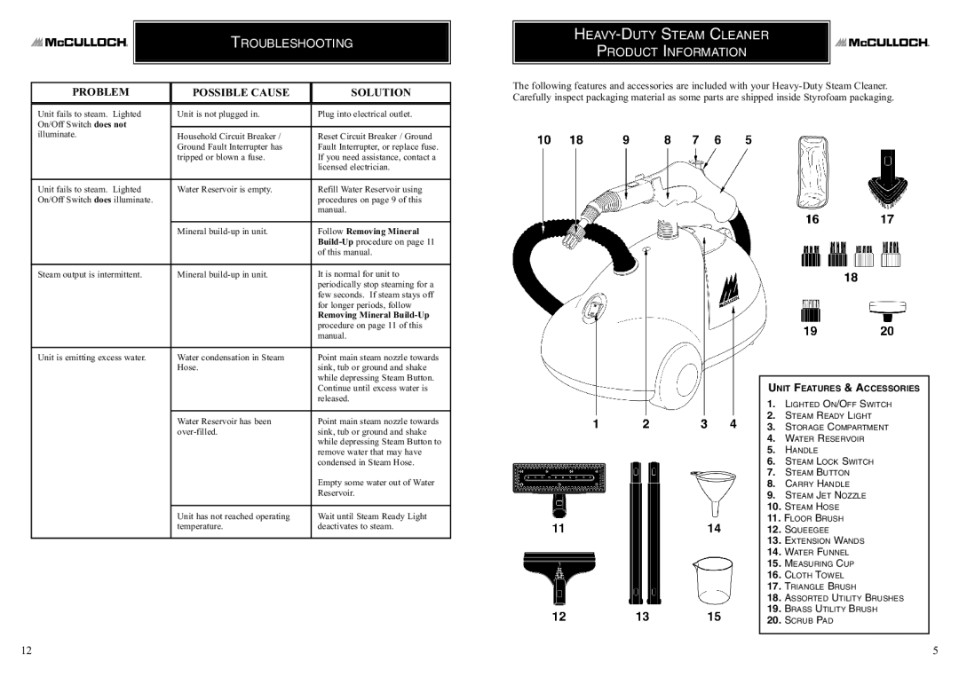 McCulloch 8823 manual Troubleshooting, HEAVY-DUTY Steam Cleaner Product Information 