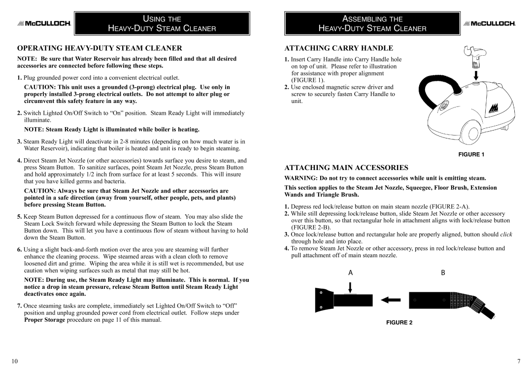 McCulloch 8823 manual Operating HEAVY-DUTY Steam Cleaner, Attaching Carry Handle, Attaching Main Accessories 