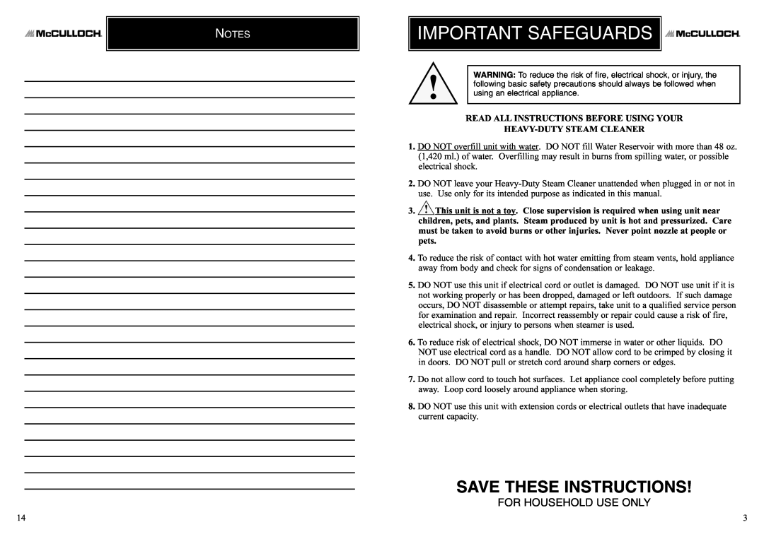 McCulloch 8823 manual Important Safeguards, Save These Instructions, For Household Use Only 