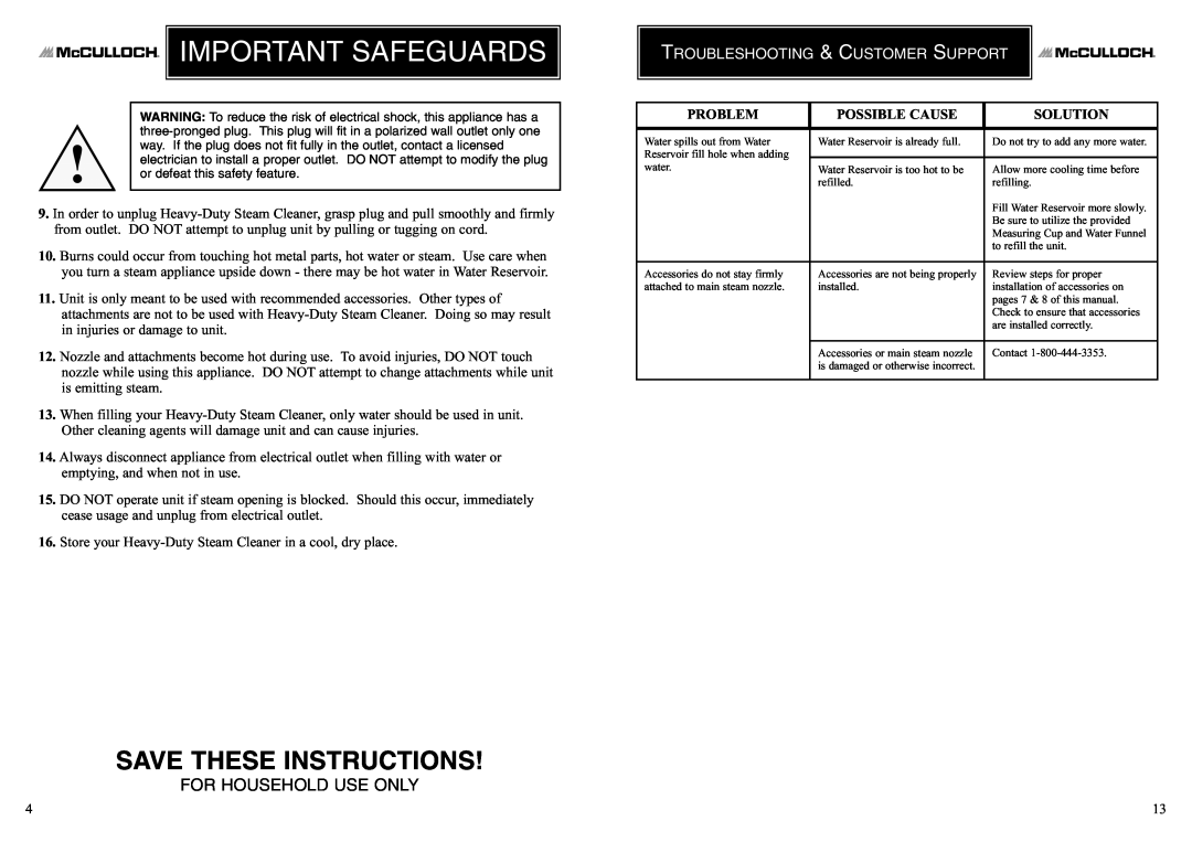 McCulloch 8823 Troubleshooting & Customer Support, Important Safeguards, Save These Instructions, For Household Use Only 