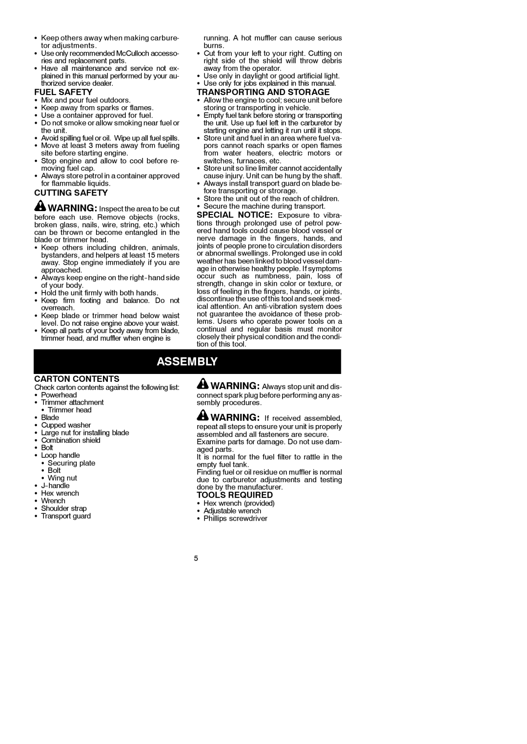 McCulloch 115306026, 952715745, 433L instruction manual Assembly 