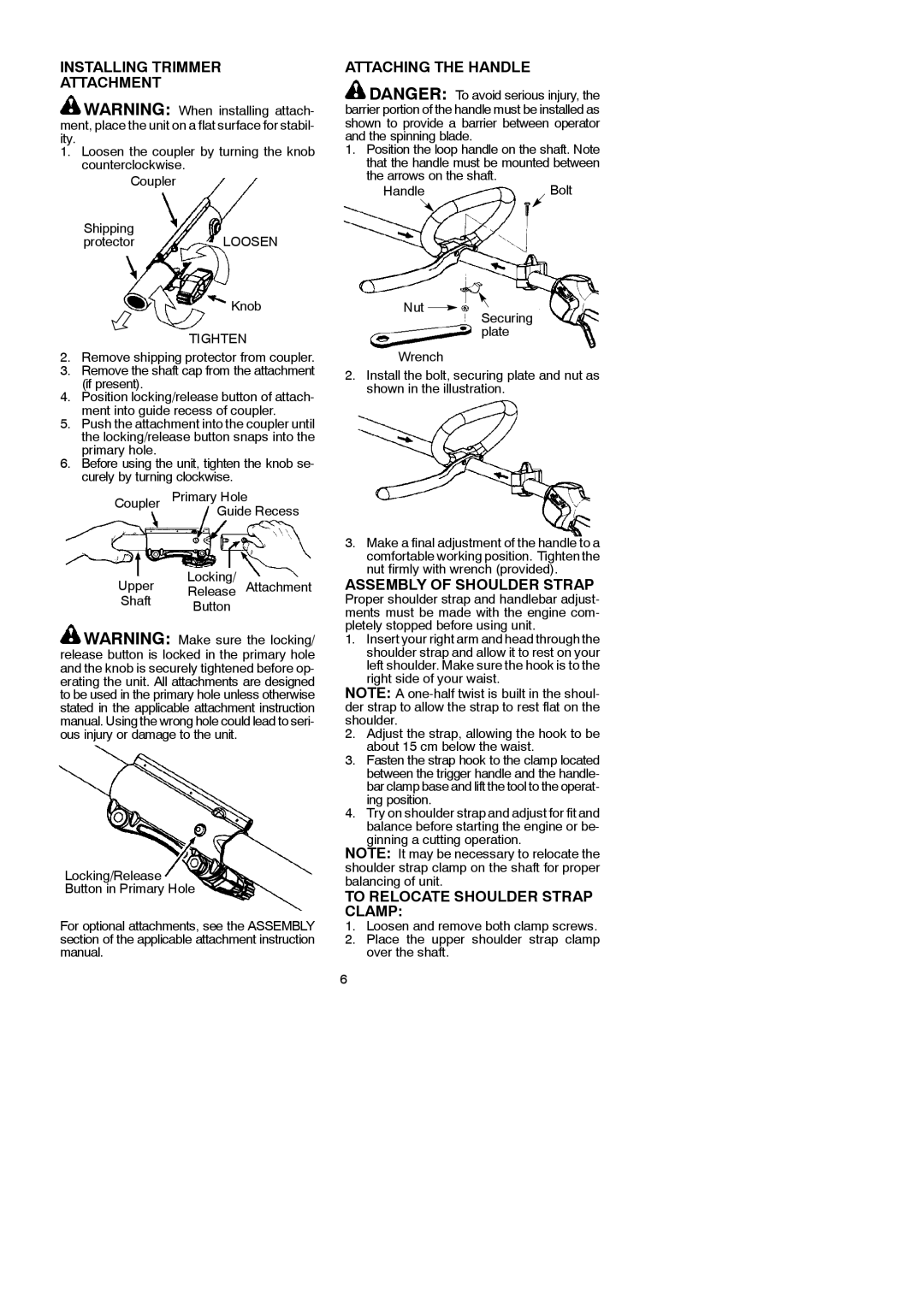 McCulloch 952715745, 433L Installing Trimmer Attachment, Attaching the Handle, Assembly of Shoulder Strap, HandleBolt Knob 