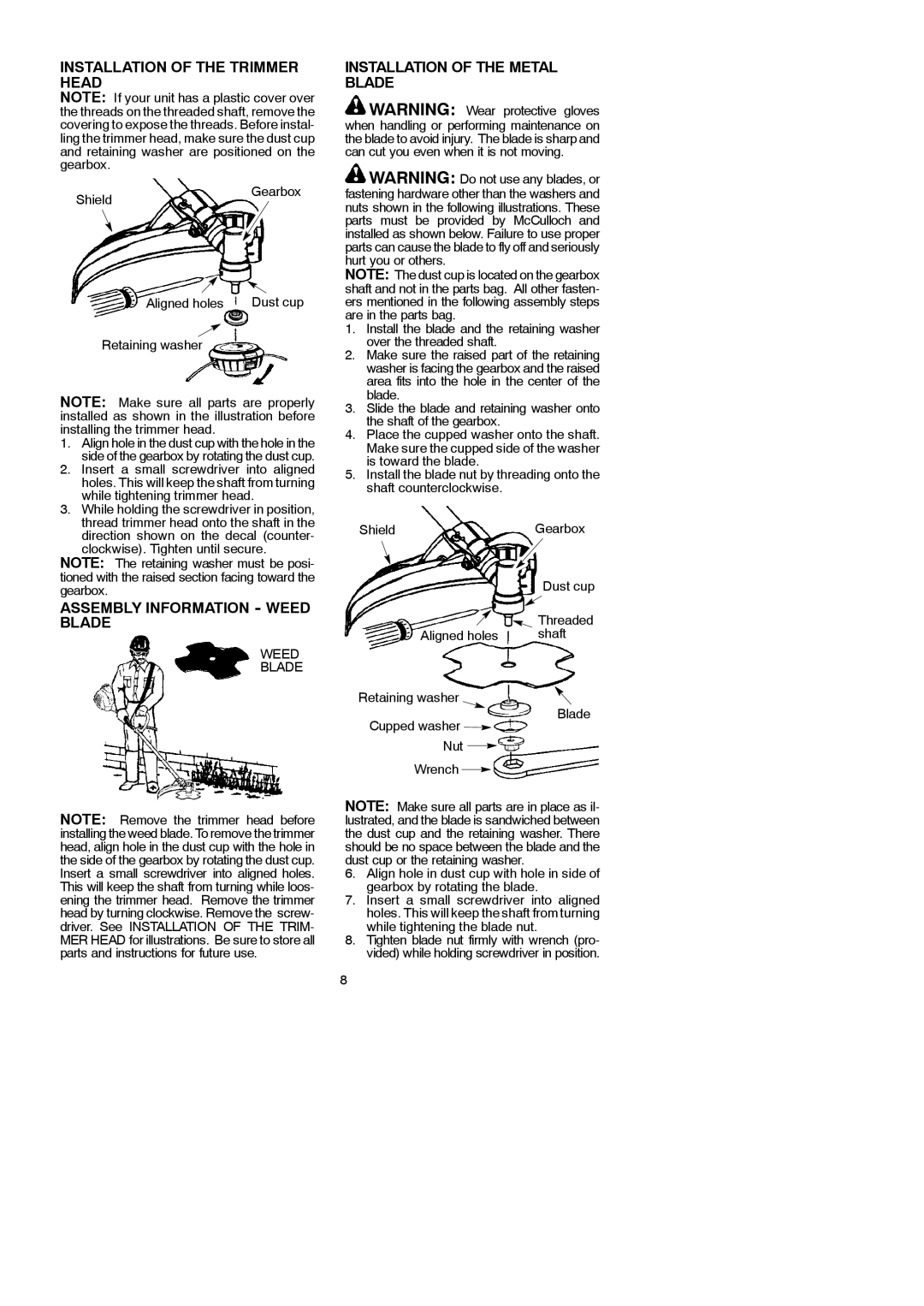 McCulloch 115306026 Installation of the Trimmer Head, Assembly Information Weed Blade, Installation of the Metal Blade 