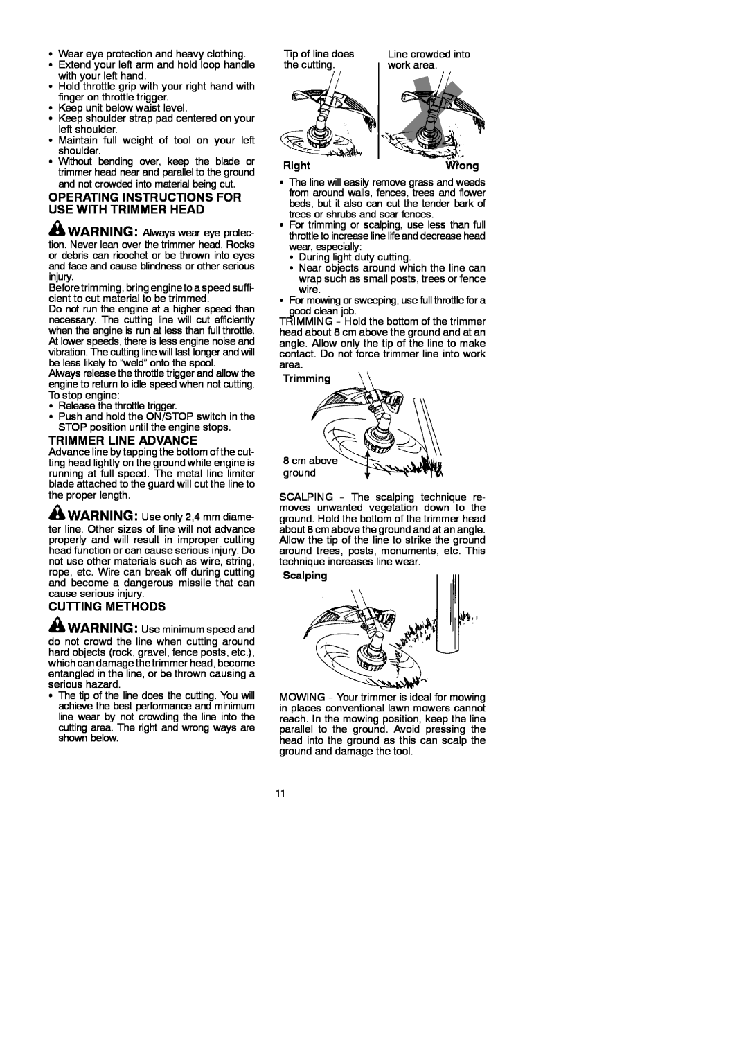 McCulloch 115306026 Operating Instructions For Use With Trimmer Head, Trimmer Line Advance, Cutting Methods, RightWrong 