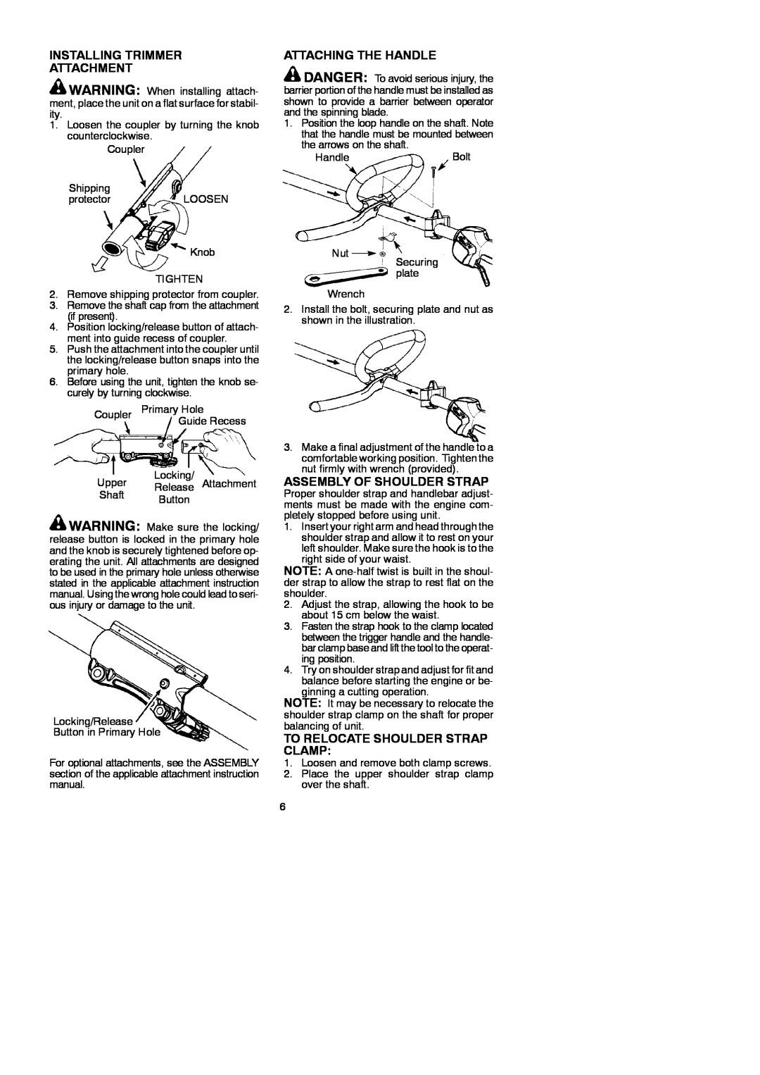 McCulloch 952715745, 433L, 115306026 Installing Trimmer Attachment, Attaching The Handle, Assembly Of Shoulder Strap 