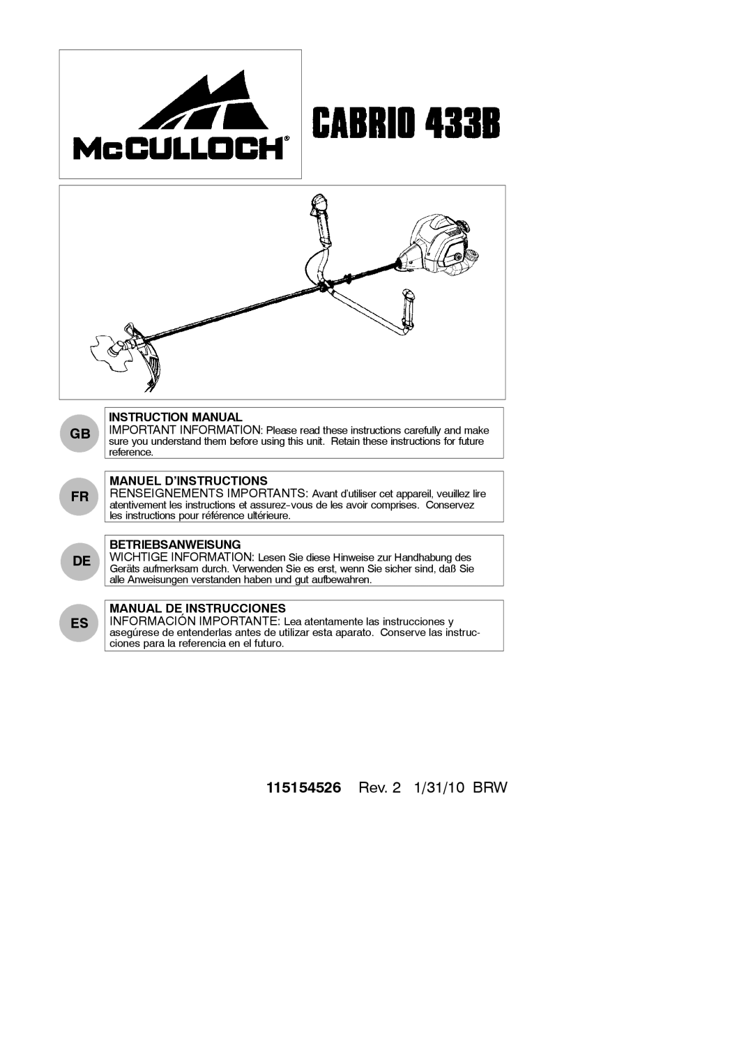 McCulloch 433B, 952715746, 115154526 instruction manual Manuel D’INSTRUCTIONS, Betriebsanweisung, Manual DE Instrucciones 