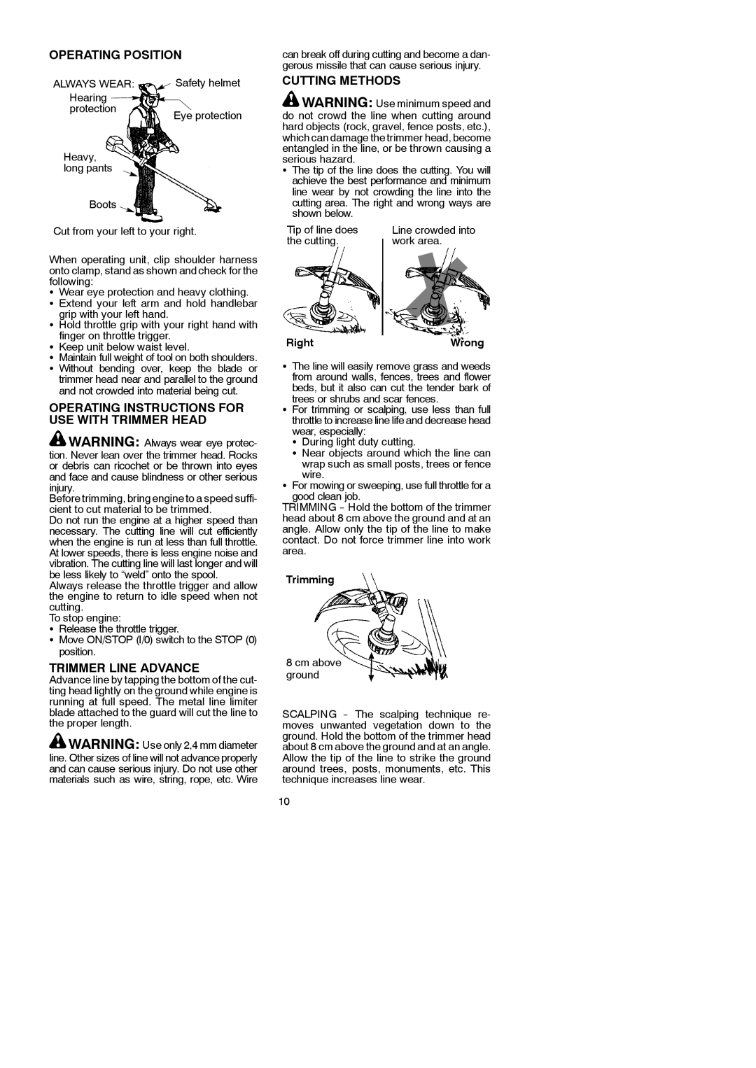 McCulloch 433B Operating Position, Operating Instructions for USE with Trimmer Head, Trimmer Line Advance, Cutting Methods 