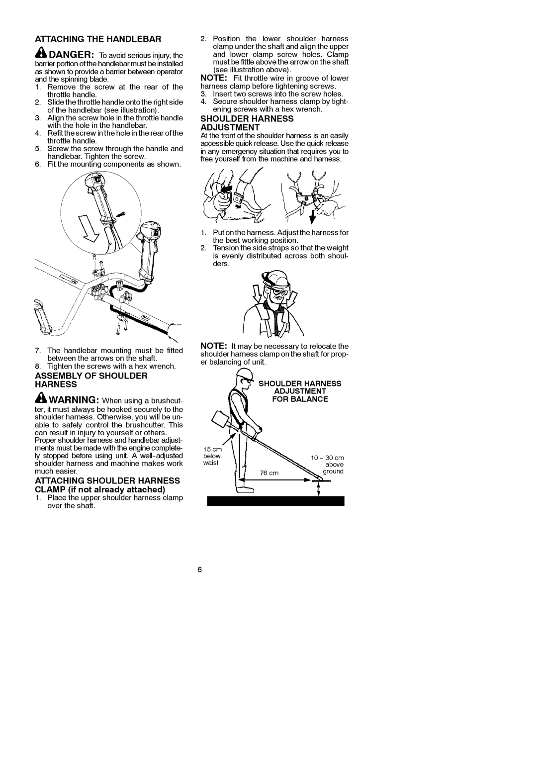 McCulloch 952715746, 433B, 115154526 Attaching the Handlebar, Shoulder Harness Adjustment, Assembly of Shoulder Harness 