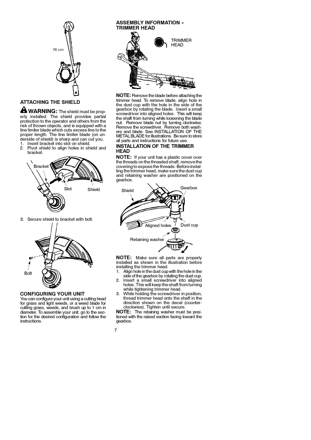 McCulloch 433B, 952715746 Attaching the Shield, Assembly Information Trimmer Head, Installation of the Trimmer Head 