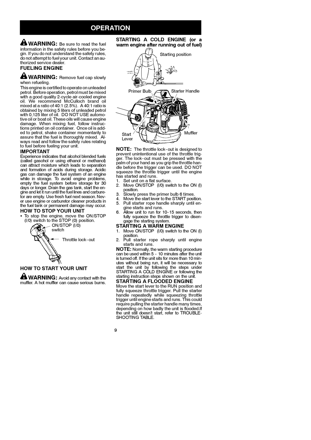 McCulloch 952715746, 433B, 115154526 instruction manual Operation 