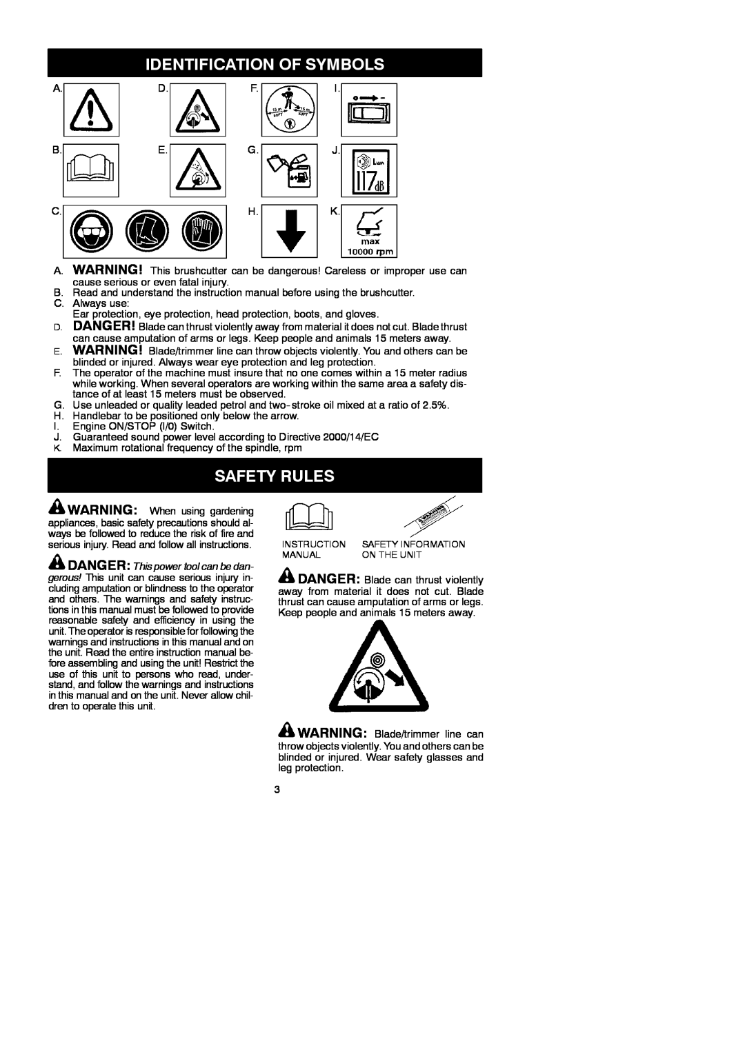 McCulloch 952715746, 433B, 115154526 Identification Of Symbols, Safety Rules, DANGER This power tool can be dan 