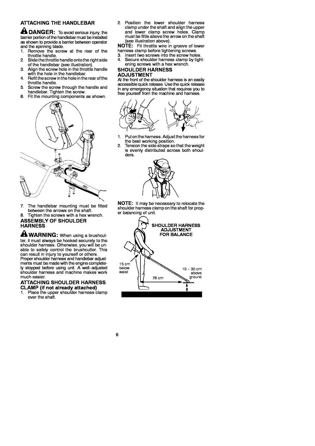 McCulloch 952715746, 433B, 115154526 Attaching The Handlebar, Shoulder Harness Adjustment, Assembly Of Shoulder Harness 
