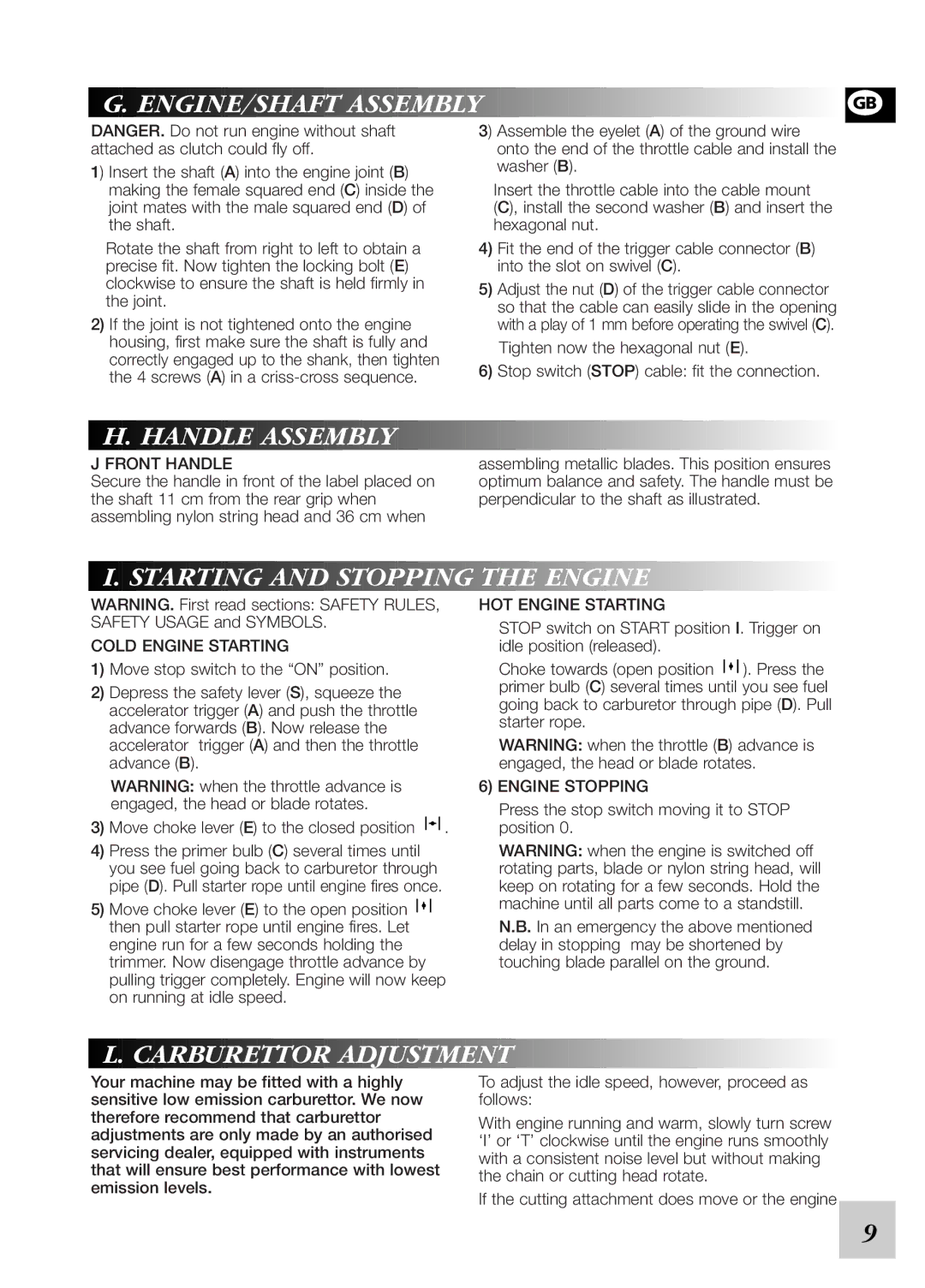 McCulloch 248530, 95390024200 instruction manual Handle Assembly, Carburettor Adjustment, Starting and Stopping the Engine 