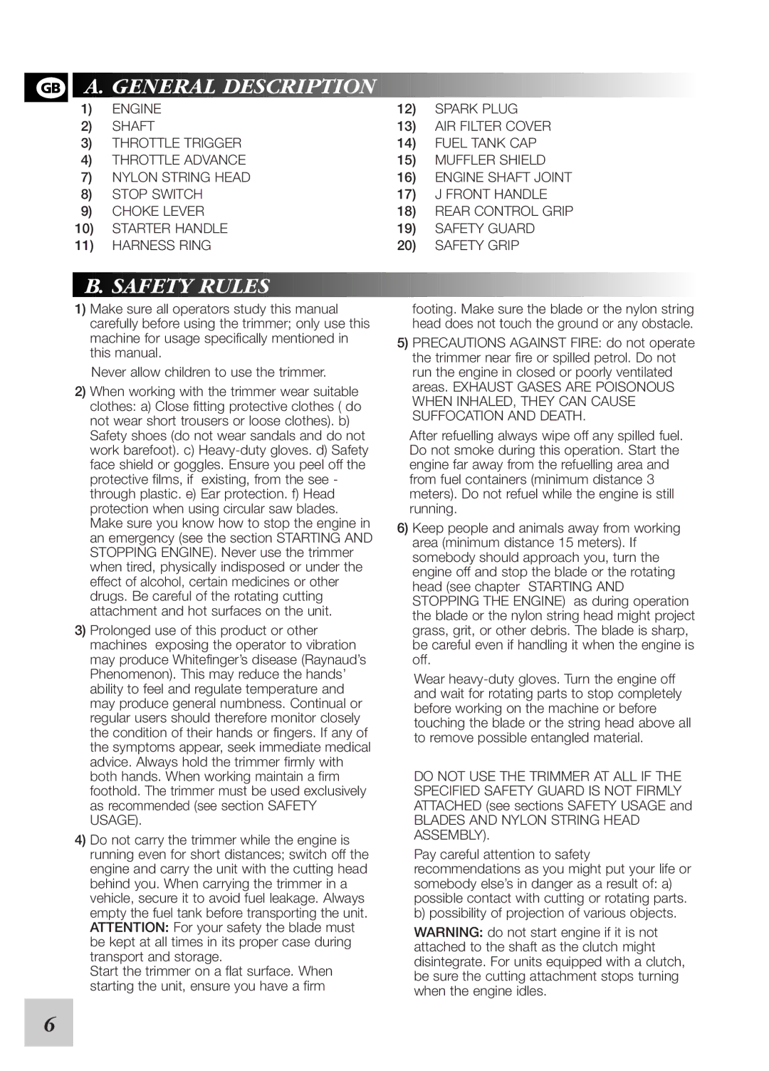 McCulloch 95390024200, 248530 instruction manual General Description, Safety Rules, Blades and Nylon String Head Assembly 