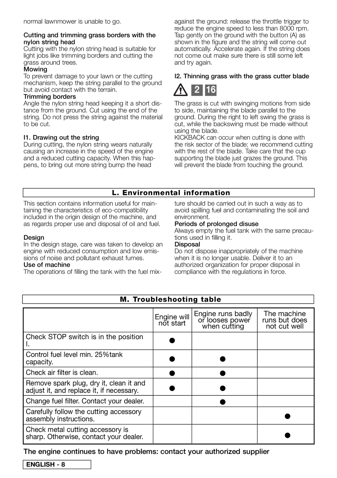 McCulloch 953900343, 953900306, 953900107, 953900342 Environmental information, Troubleshooting table, Design, Runs but does 