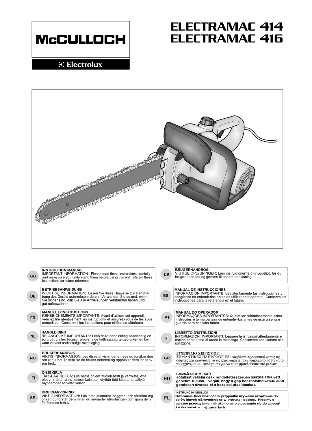 McCulloch 95390053200 manual Electramac 414 Electramac 