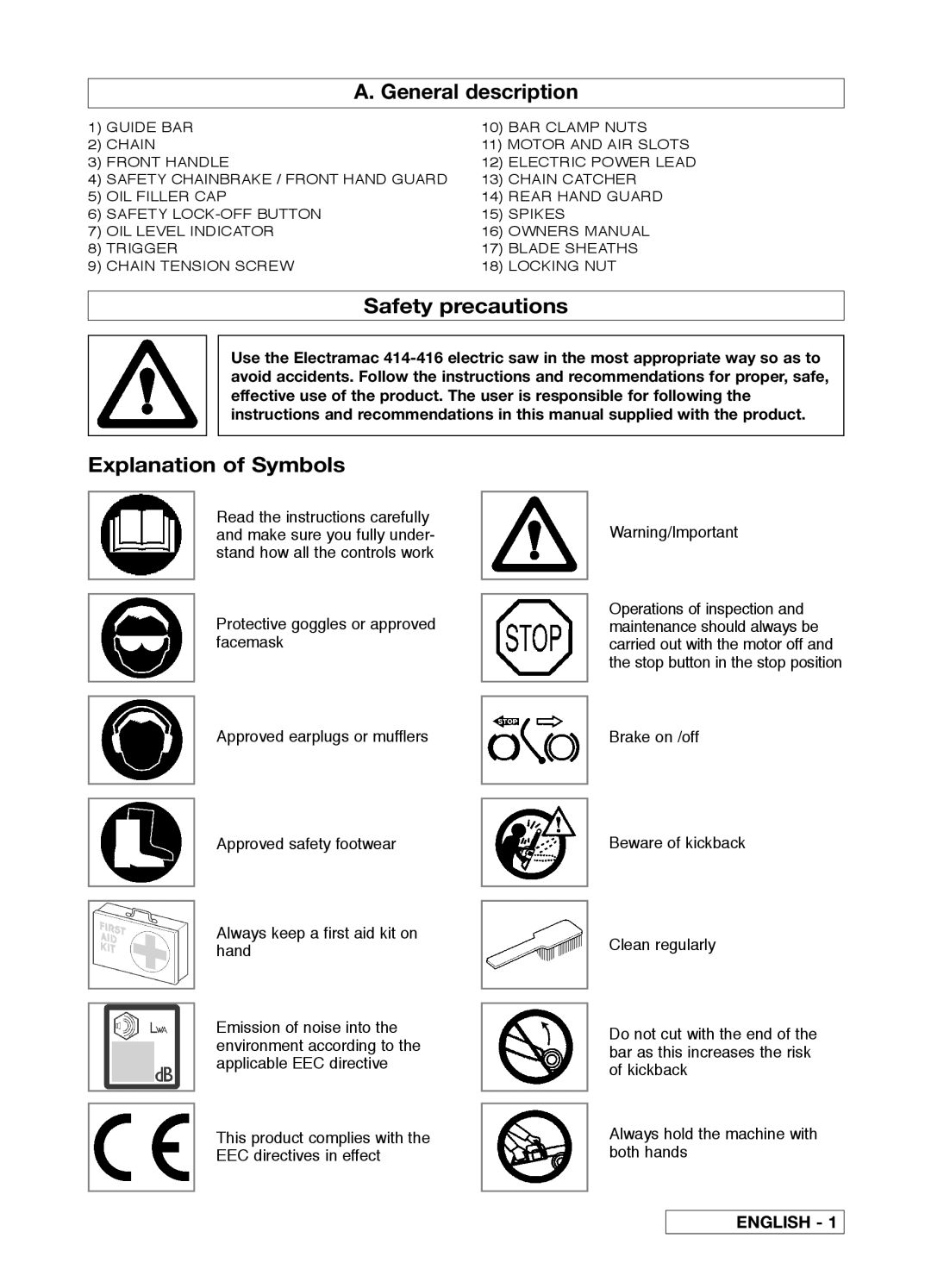 McCulloch 95390053200 manual General description, Safety precautions, Explanation of Symbols 