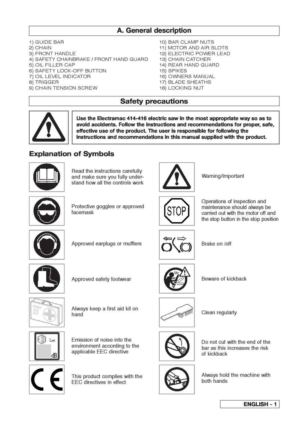 McCulloch 414, 95390054000, 9539004390, 416 manual A. General description, Safety precautions, Explanation of Symbols, English 