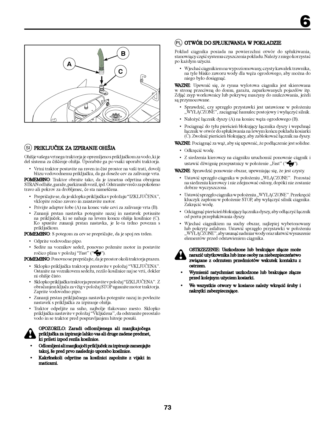 McCulloch 532 43 37-14 Rev. 1, 96041000904 manual SI Priključek ZA Izpiranje Ohišja, Otwór do Spłukiwania W Pokładzie 