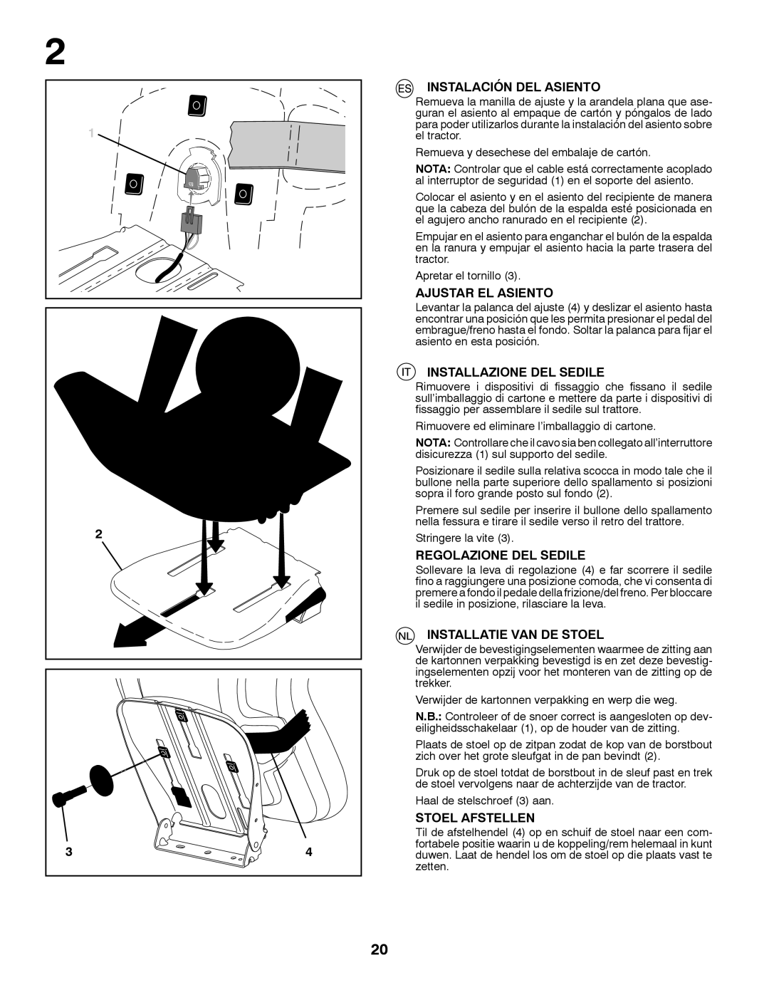 McCulloch 96041009100 manual Instalación DEL Asiento, Ajustar EL Asiento, Installazione DEL Sedile, Regolazione DEL Sedile 