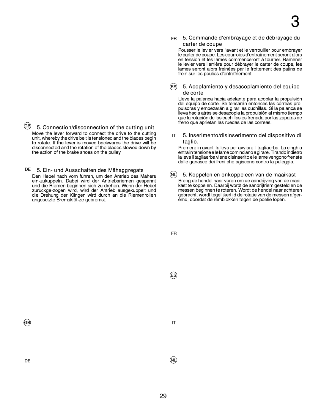 McCulloch 96041009100 Connection/disconnection of the cutting unit, Commande dembrayage et de débrayage du carter de coupe 