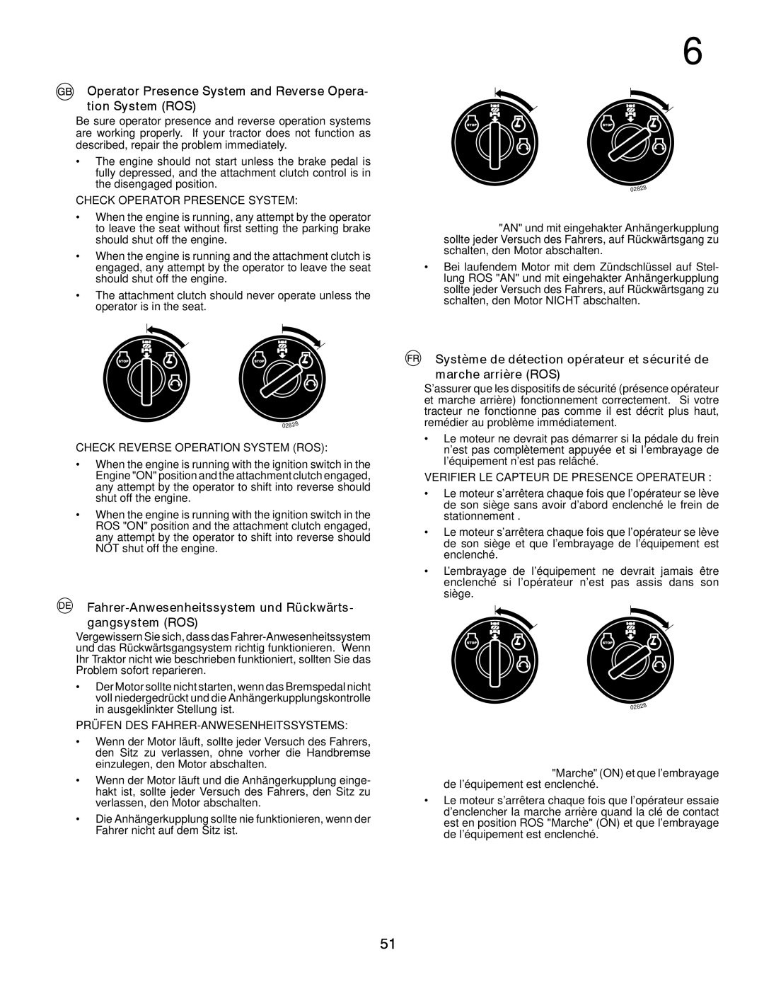 McCulloch 96041009100 manual Operator Presence System and Reverse Opera- tion System ROS 