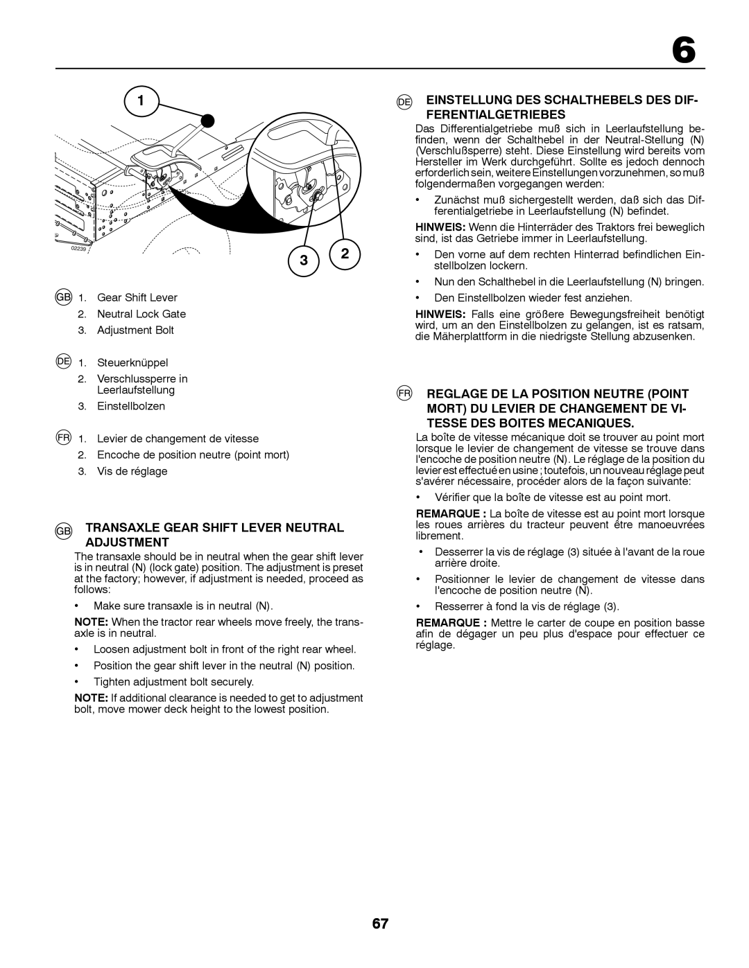 McCulloch 96041009100 manual Transaxle Gear Shift Lever Neutral Adjustment 