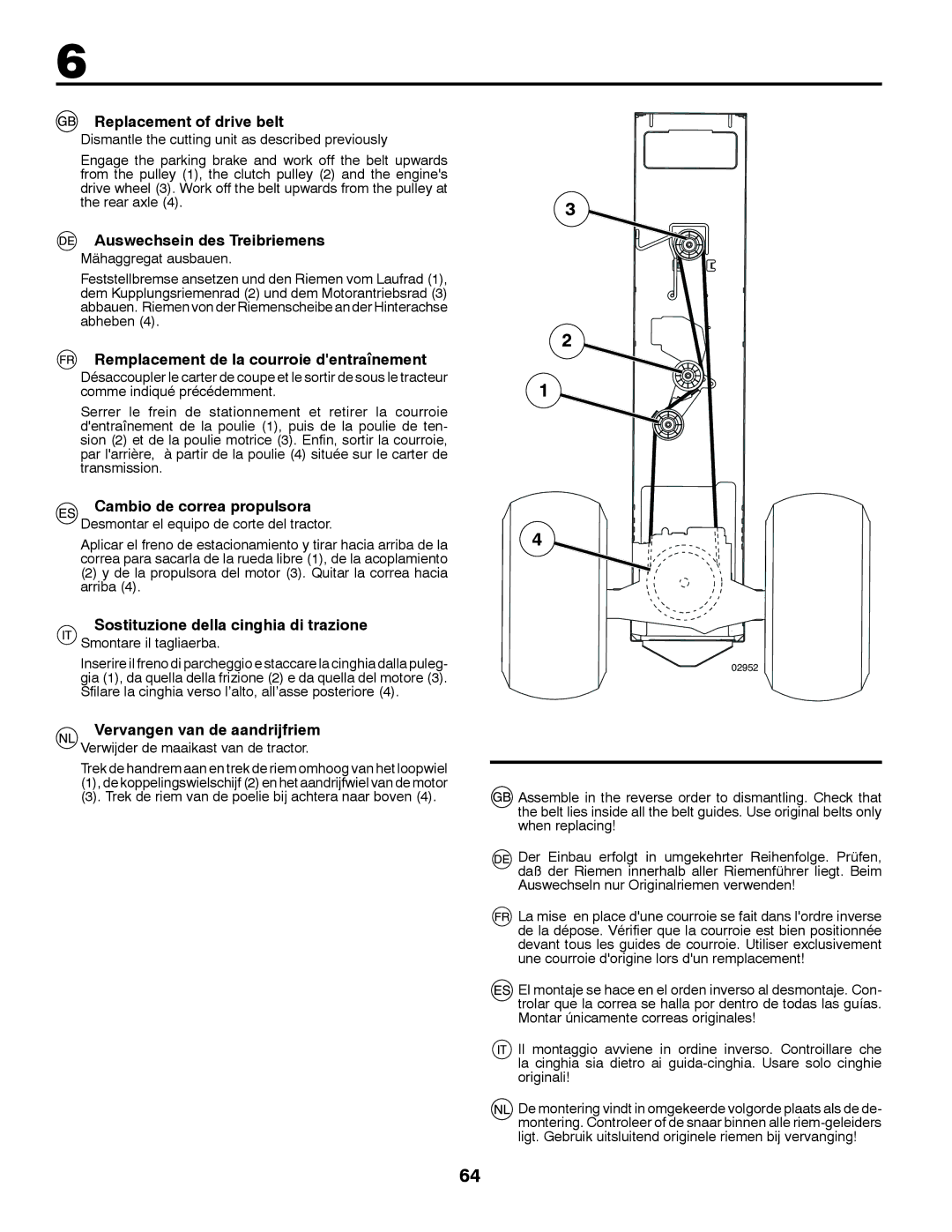 McCulloch 96041009101 Replacement of drive belt, Auswechsein des Treibriemens, Remplacement de la courroie dentraînement 