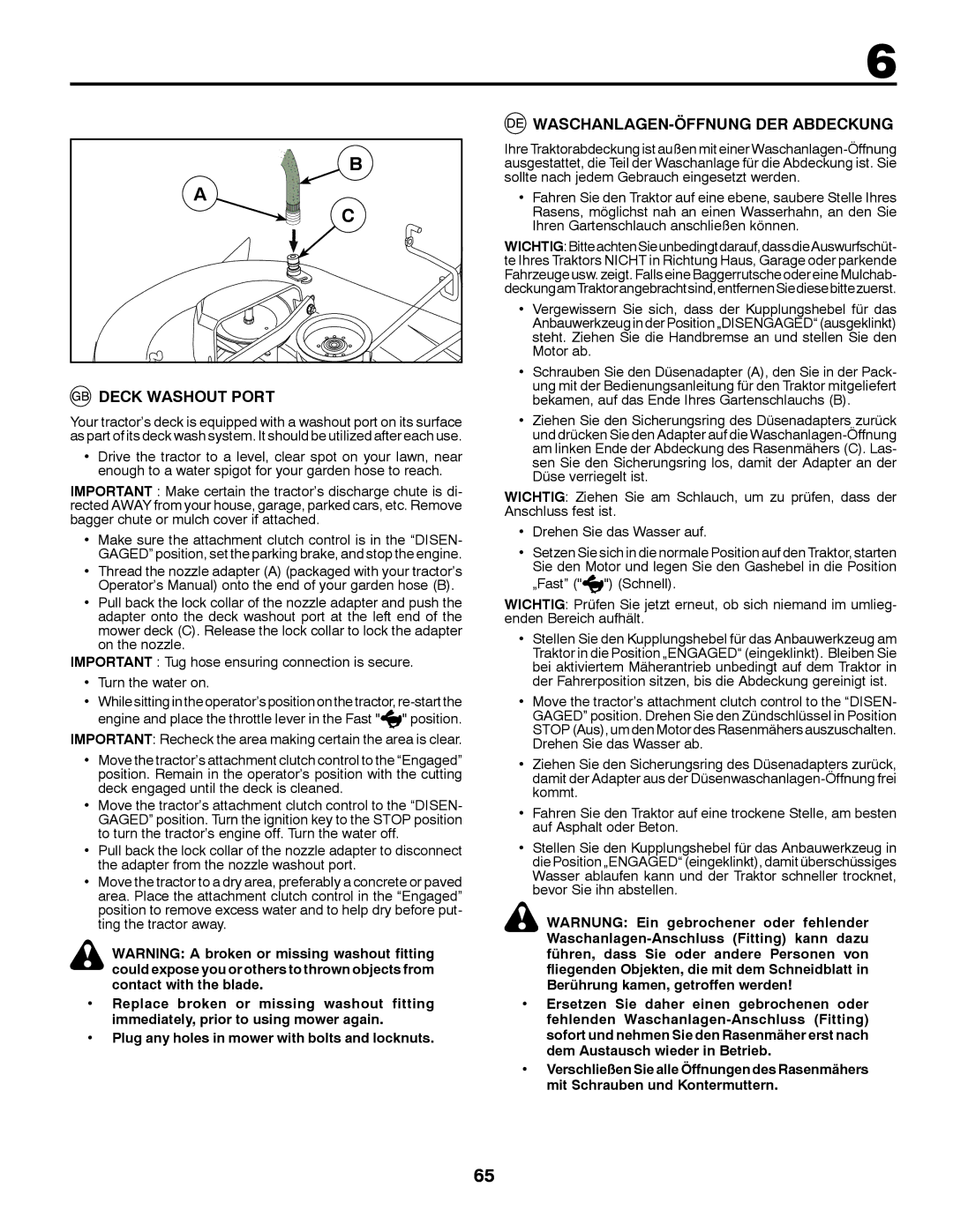 McCulloch 532 43 29-74, 96041009101 manual Deck Washout Port, WASCHANLAGEN-ÖFFNUNG DER Abdeckung 