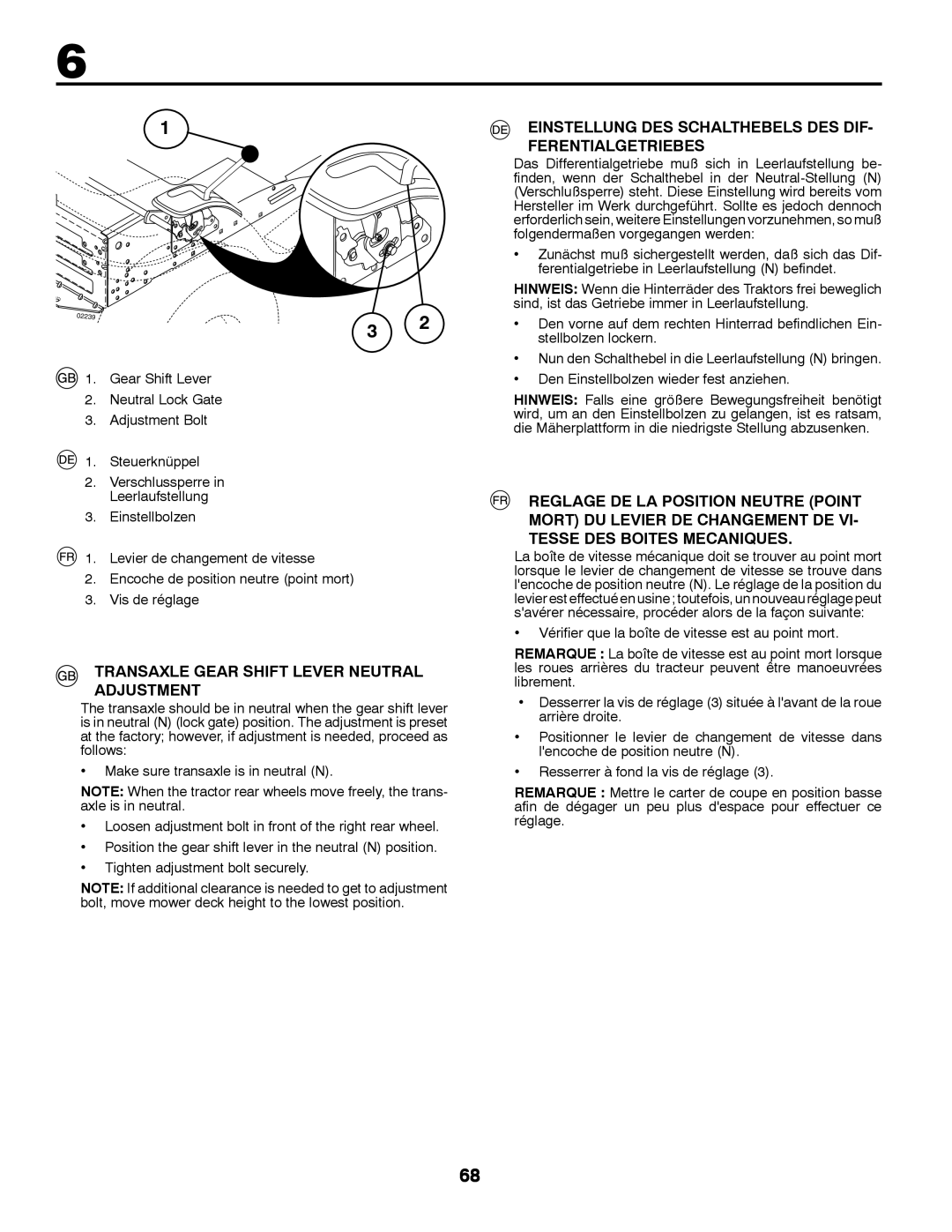 McCulloch 96041009101, 532 43 29-74 manual Transaxle Gear Shift Lever Neutral Adjustment 