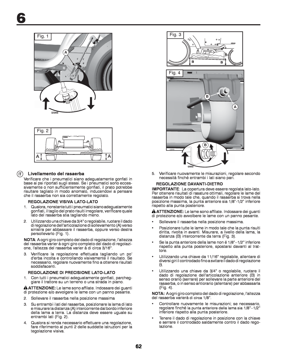 McCulloch 96041009101 manual Livellamento del rasaerba, Regolazione Visiva Lato-Lato, Regolazione Di Precisione Lato-Lato 