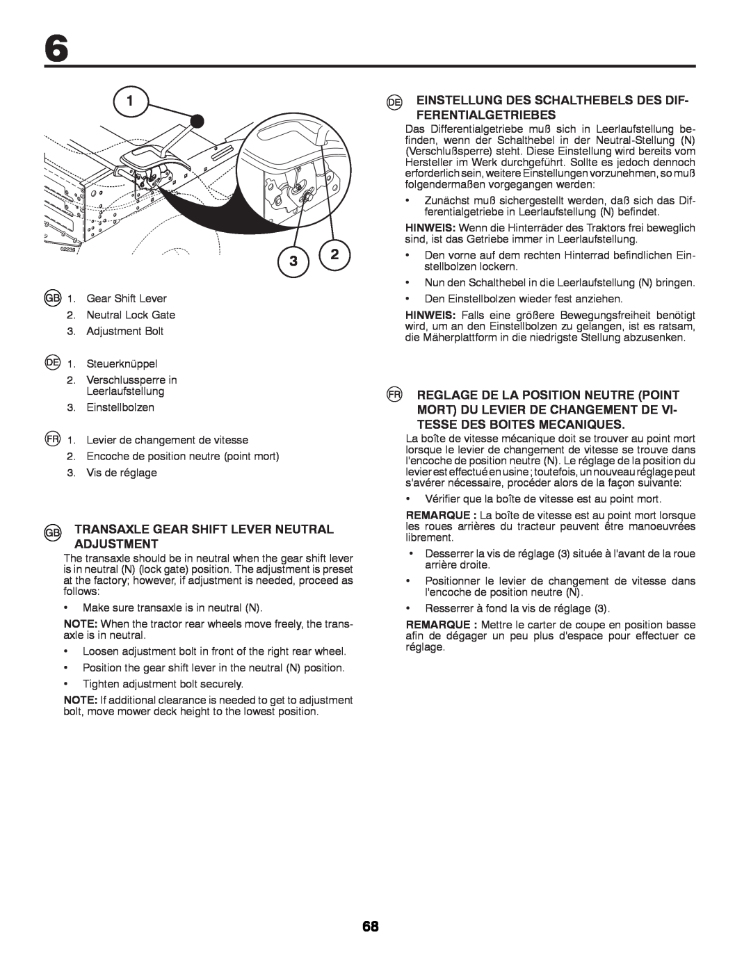 McCulloch 96041009101, 532 43 29-74 manual Transaxle Gear Shift Lever Neutral Adjustment 