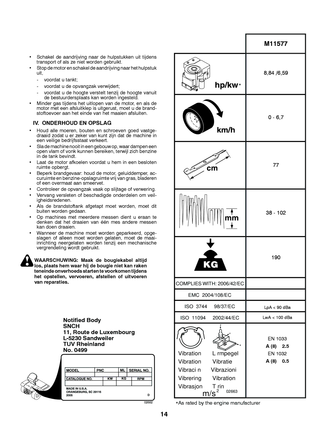 McCulloch 96041009701, 532 43 45-09 Rev. 1 IV. Onderhoud EN Opslag, 84 /6,59, 190, Complies with 2006/42/EC 