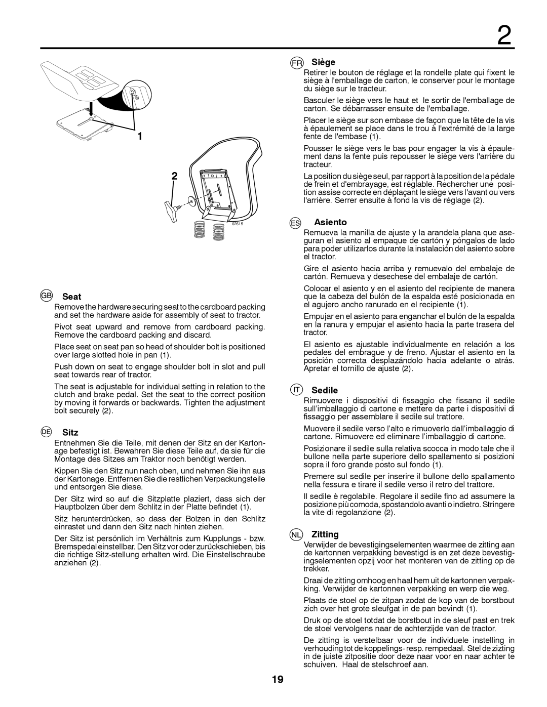 McCulloch 532 43 45-09 Rev. 1, 96041009701 instruction manual Seat, Sitz, Siège, Asiento, Sedile, Zitting 