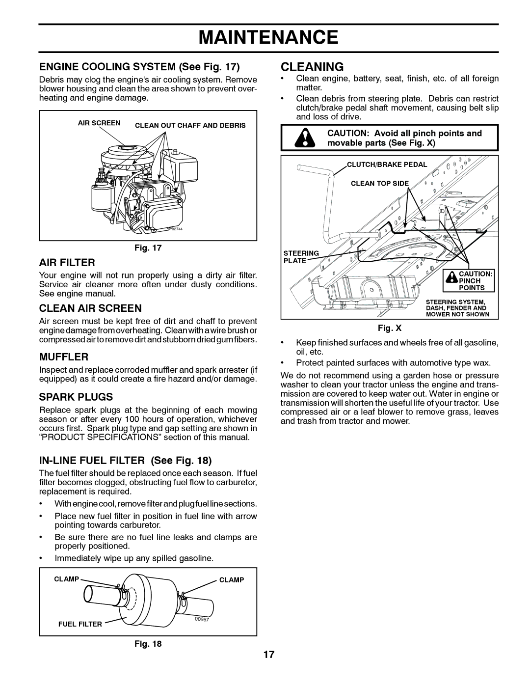 McCulloch 532 42 27-27 Rev. 2, 96041011501 manual Cleaning, AIR Filter, Clean AIR Screen, Muffler, Spark Plugs 