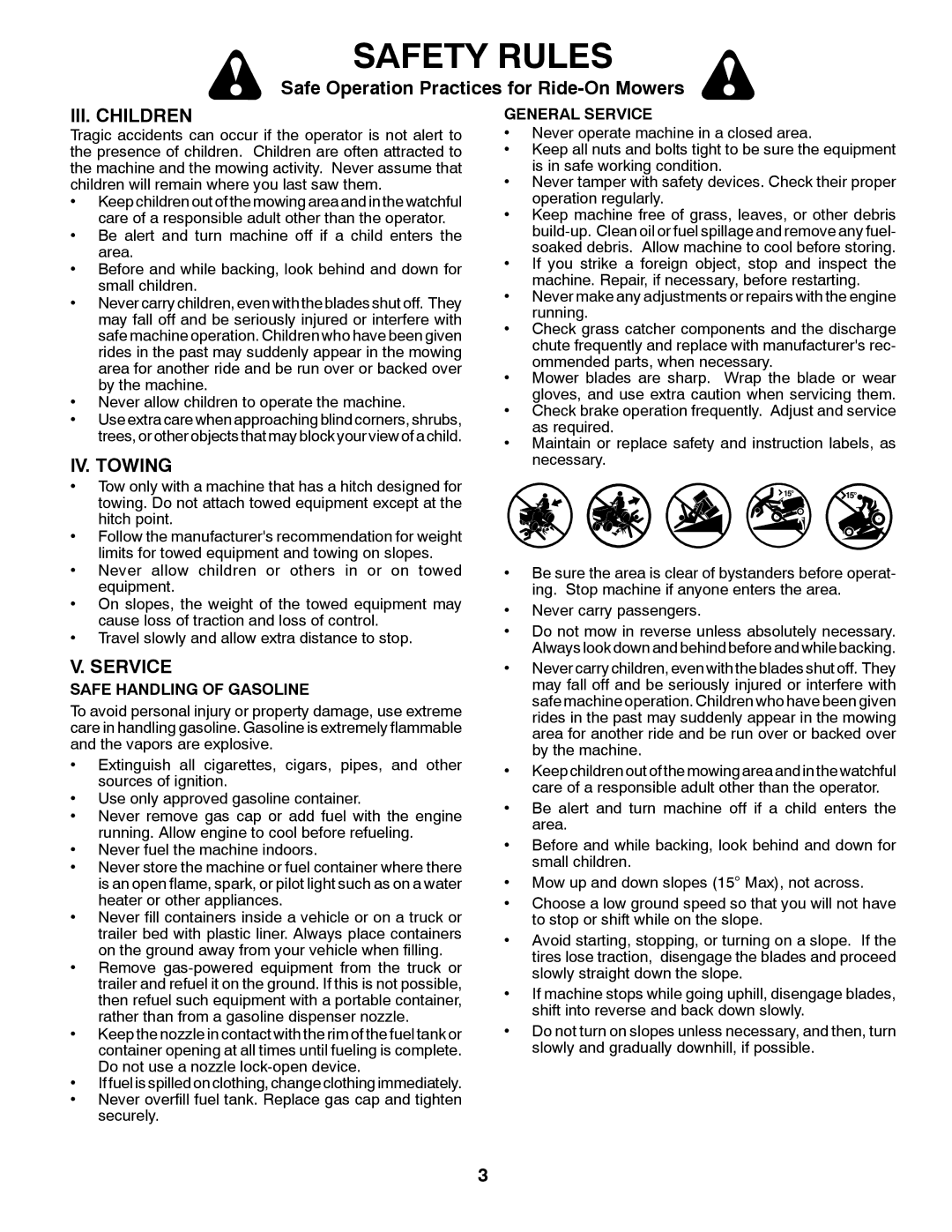 McCulloch 532 42 27-27 Rev. 2, 96041011501 manual III. Children, IV. Towing, General Service, Safe Handling of Gasoline 