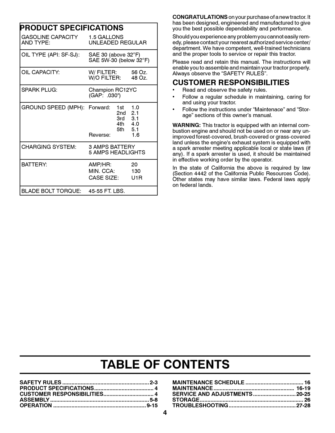 McCulloch 96041011501, 532 42 27-27 Rev. 2 manual Table of Contents 